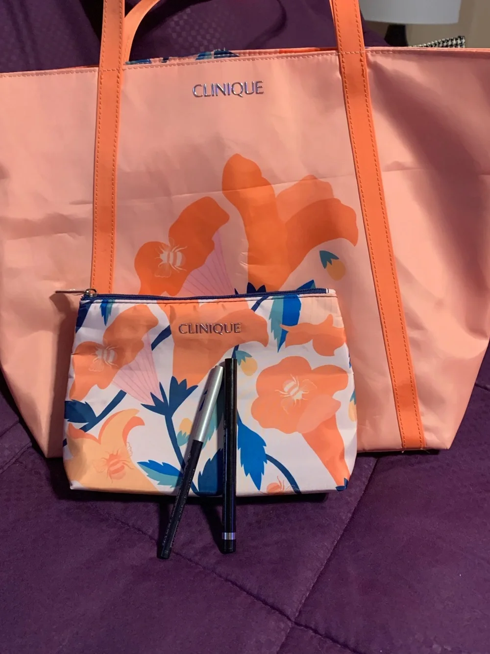 Clinique Peach and Blue Floral Tote with Matching Cosmetic Pouch